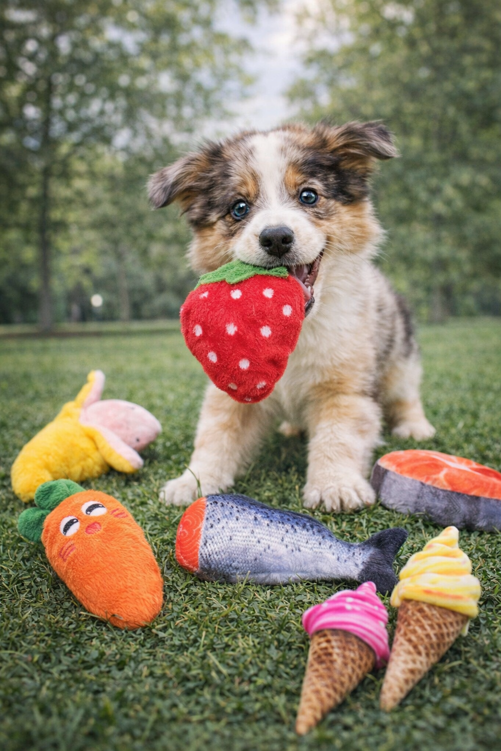 Set de 8 Juguetes de Frutas para Perros – Peluches Interactivos con Sonido