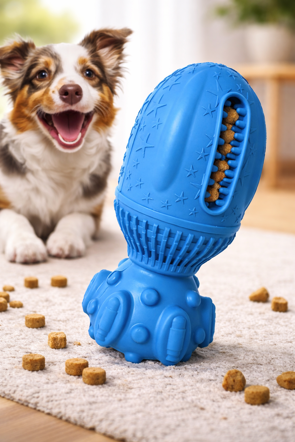 Juguete Resistente para Perros Mordedores Fuertes – Dispensador de Snacks con Sonido Antiestrés